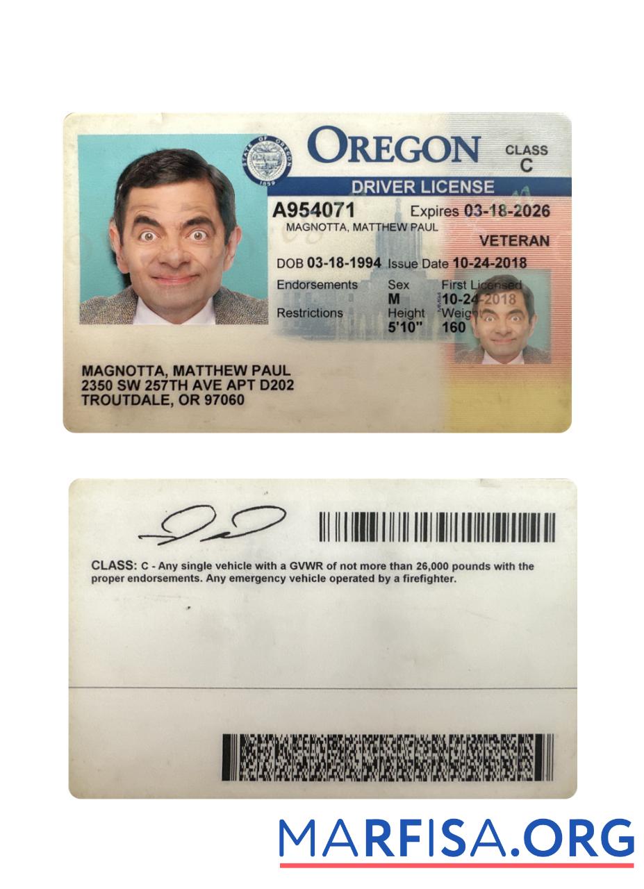 Realistic USA Oregon driving license 2018 present sample
